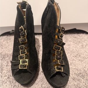 Shoe Dazzle Black Peep-Toe Boots with Gold Buckles
